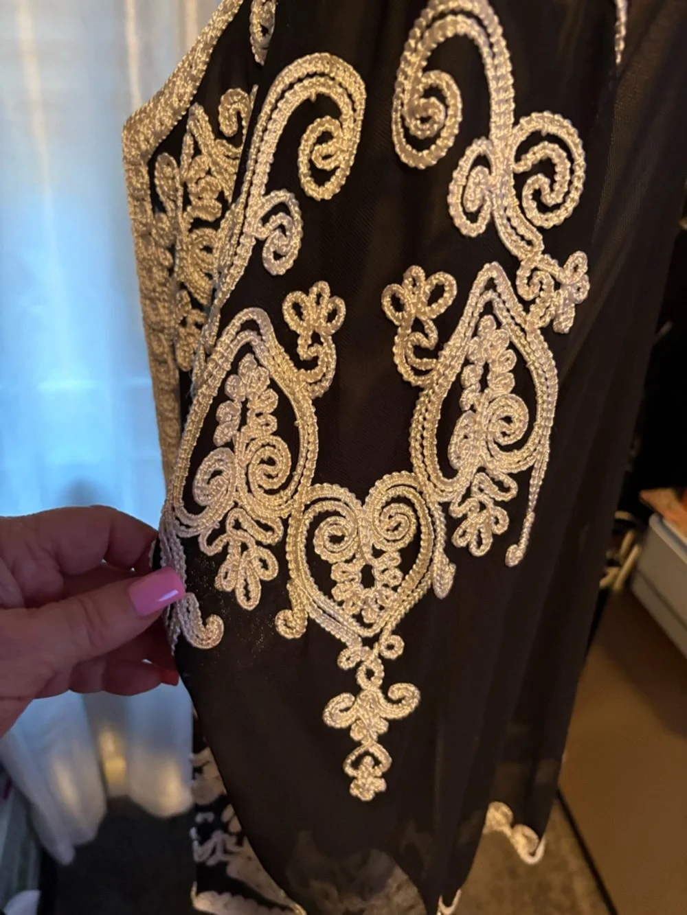 Sheer Black Embroidered open cardigan with White ribbon Lace Detail - Picture 3 of 13